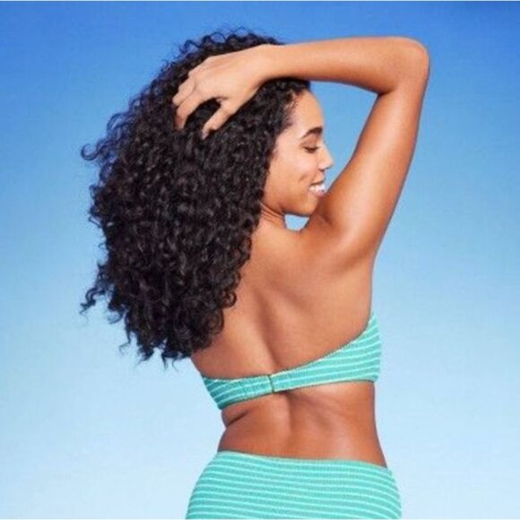 SHADE & SHORE BIKINI TOP PUCKER FRONT U-WIRE BANDEAU TEXTURE STRIPED TEAL LARGE - Picture 5 of 6